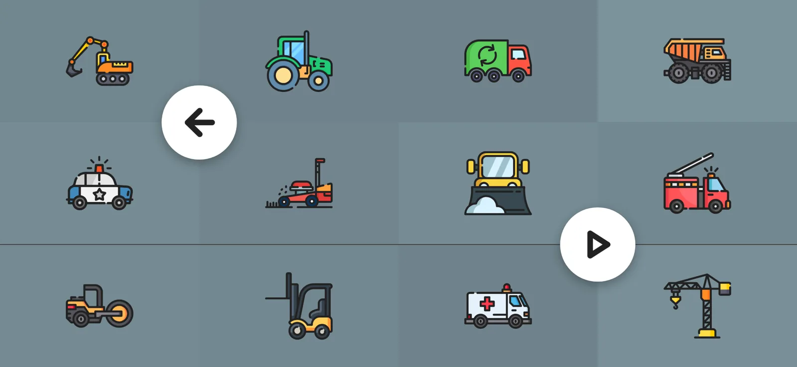The machines world: twelve tiles, among them a digger, a tractor and a fire engine